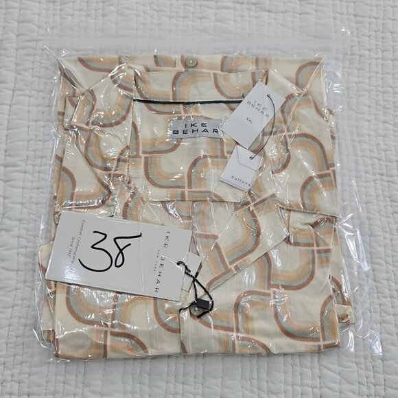 Ike Behar Crepe Shirt Men's XL Ecru and Blue Mod Short Sleeve Button Up NWT - Picture 15 of 15